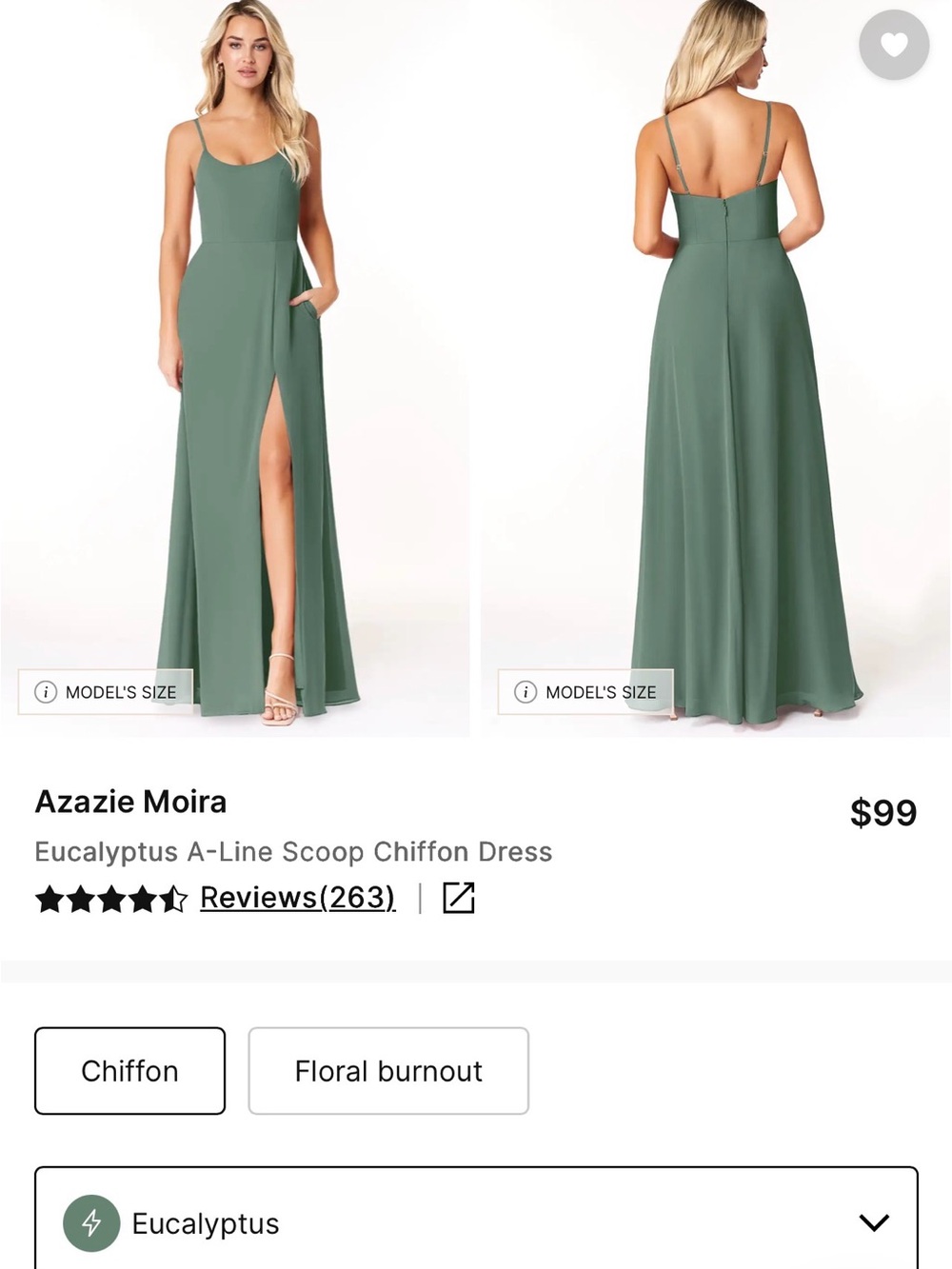 Azazie Moira Chiffon Maxi Dress in Eucalyptus - Size A12
